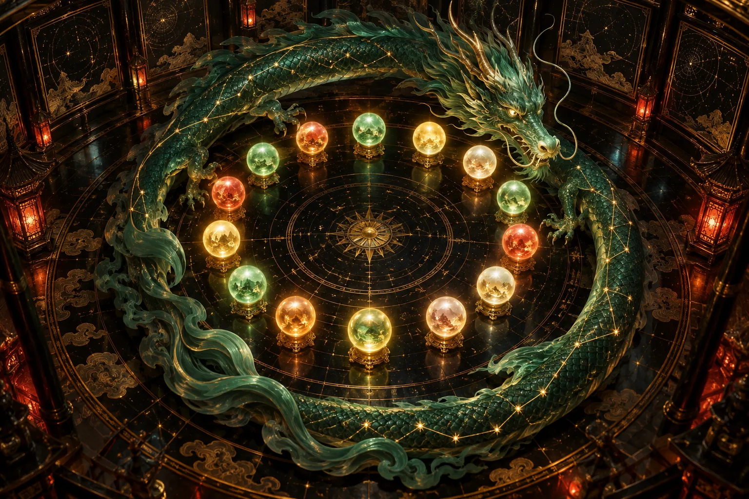 a jade dragon constellation around fifteen pearl lights