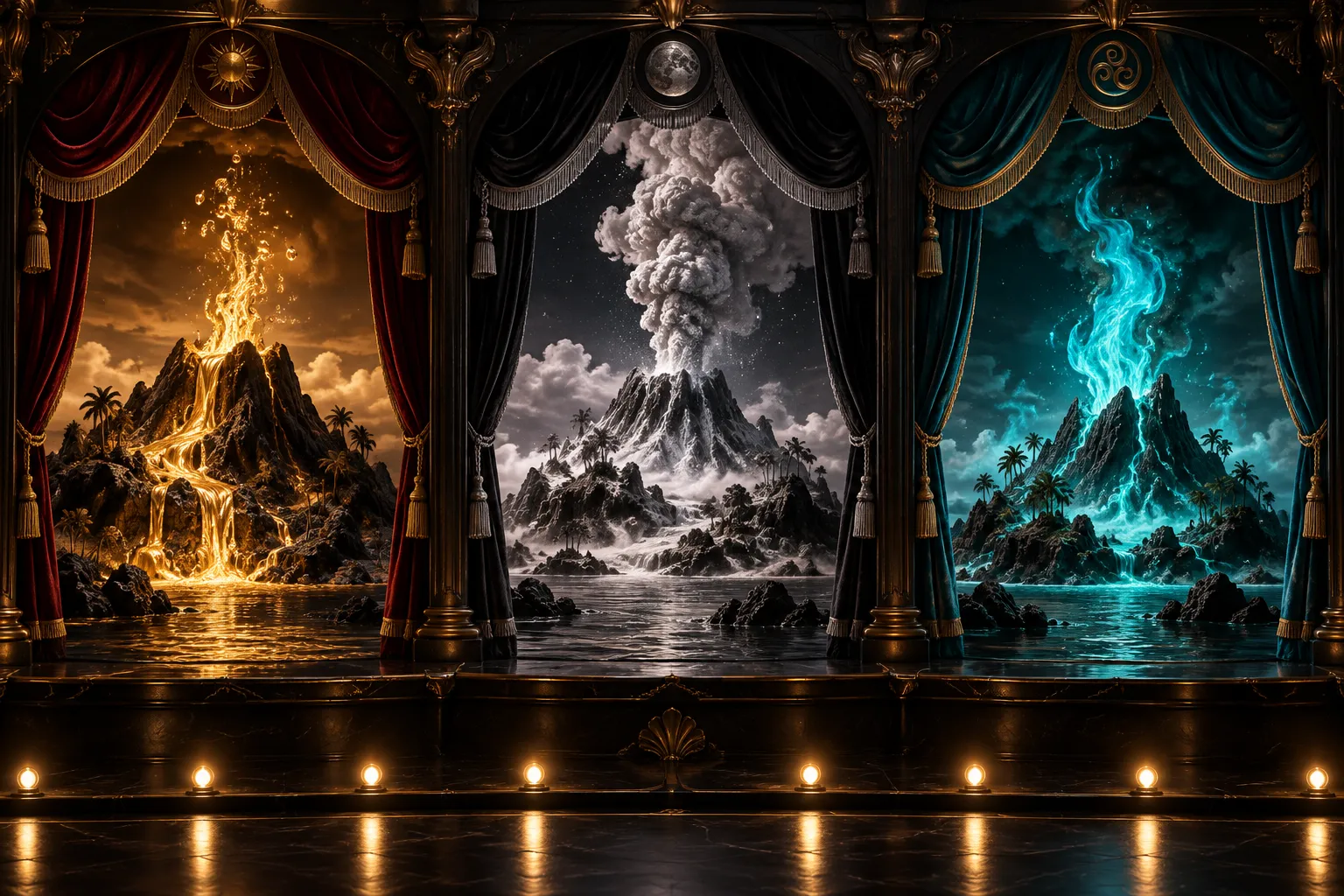 Original theatre triptych of three volcanic islands with gold silver and turquoise fire