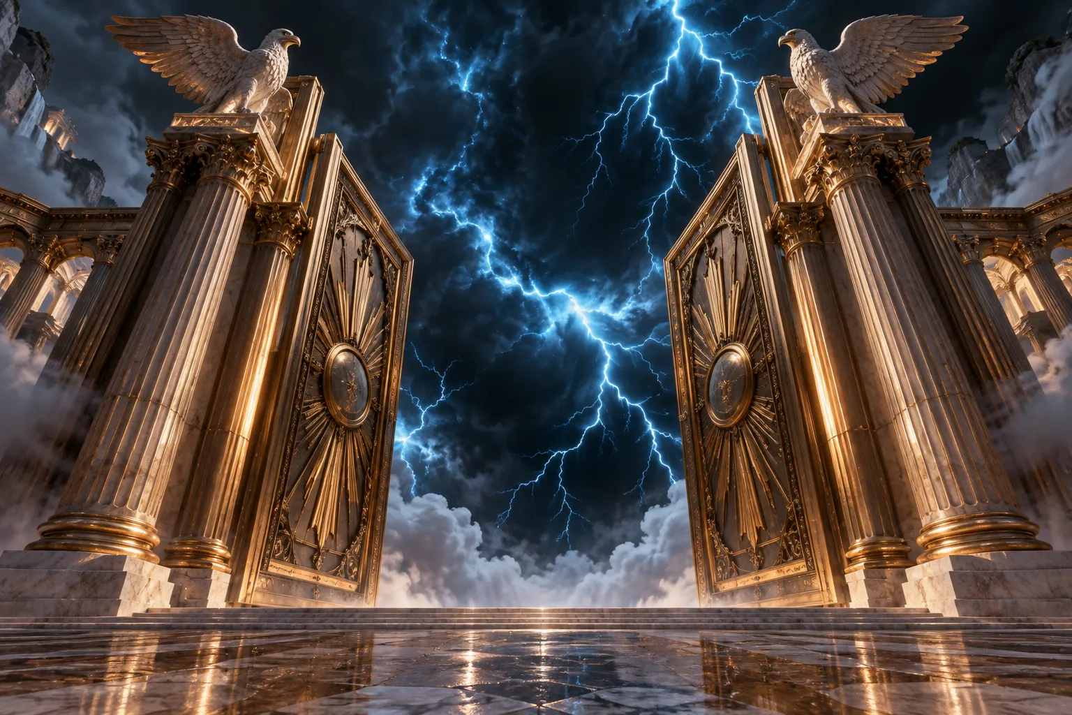 monumental bronze storm gates beneath blue lightning