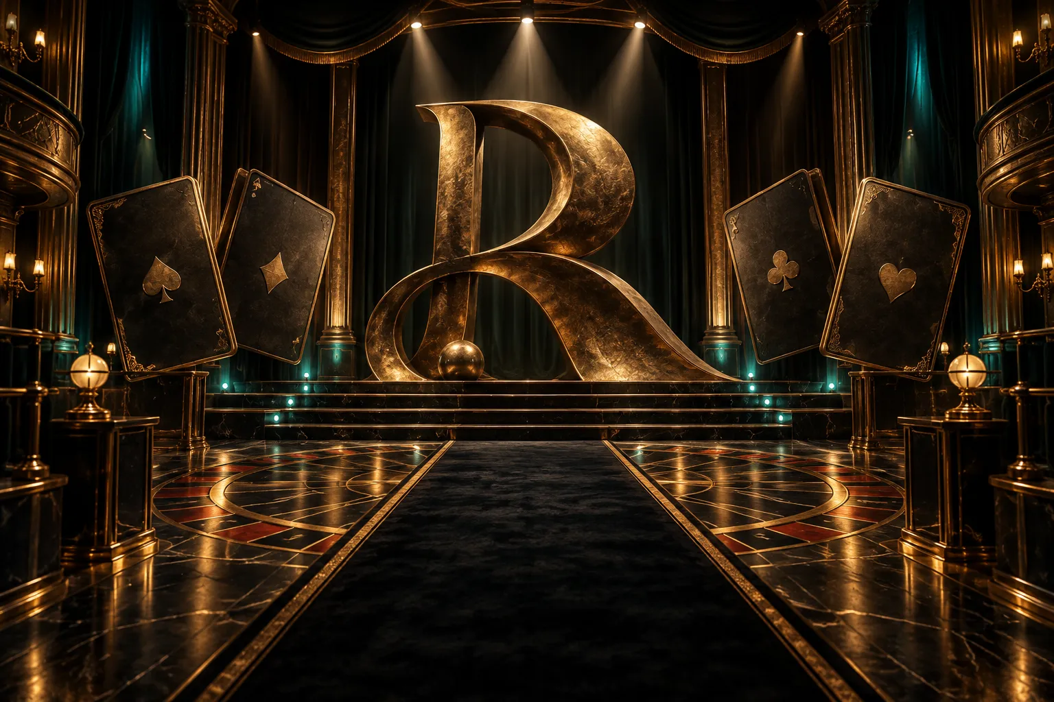 Black and bronze theatre with an abstract R sculpture