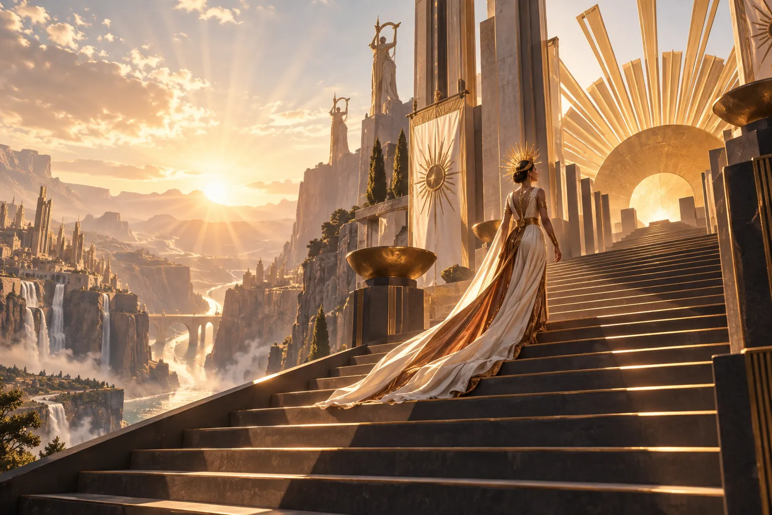 a solar empress on an art-deco staircase above a canyon